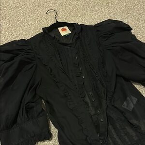 FARM RIO Black Ruffled Blouse with Puff Sleeves sheer cotton